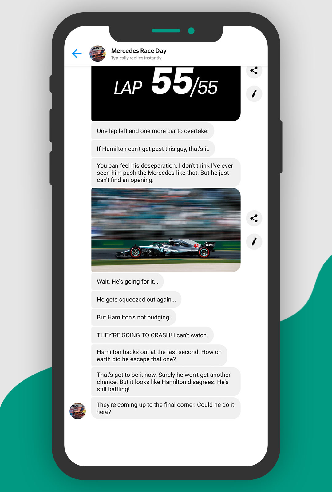 Freelance Copywriting Work - Mercedes F1 Facebook Messenger Bot - Race Win